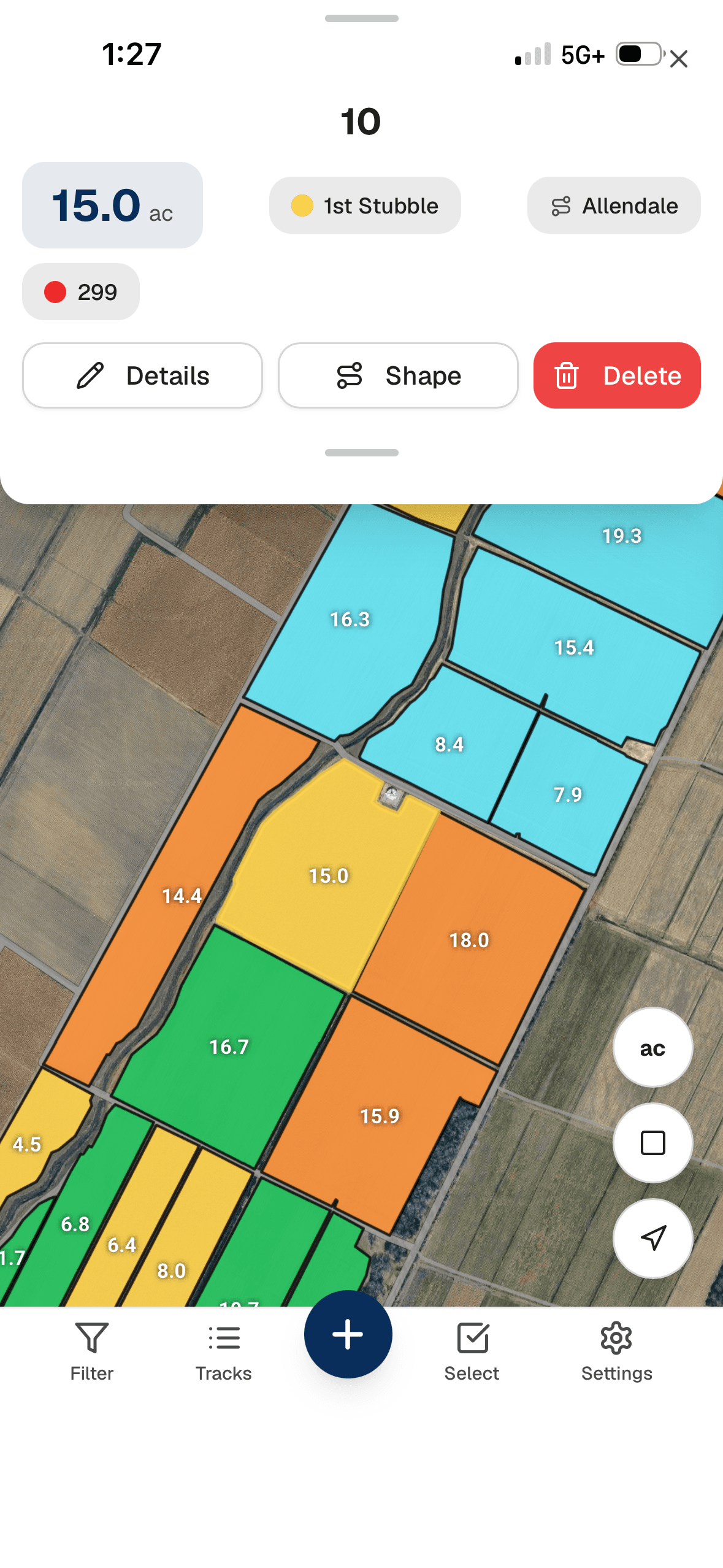 Yote Farmview field detail showing stubble, variety and harvest status