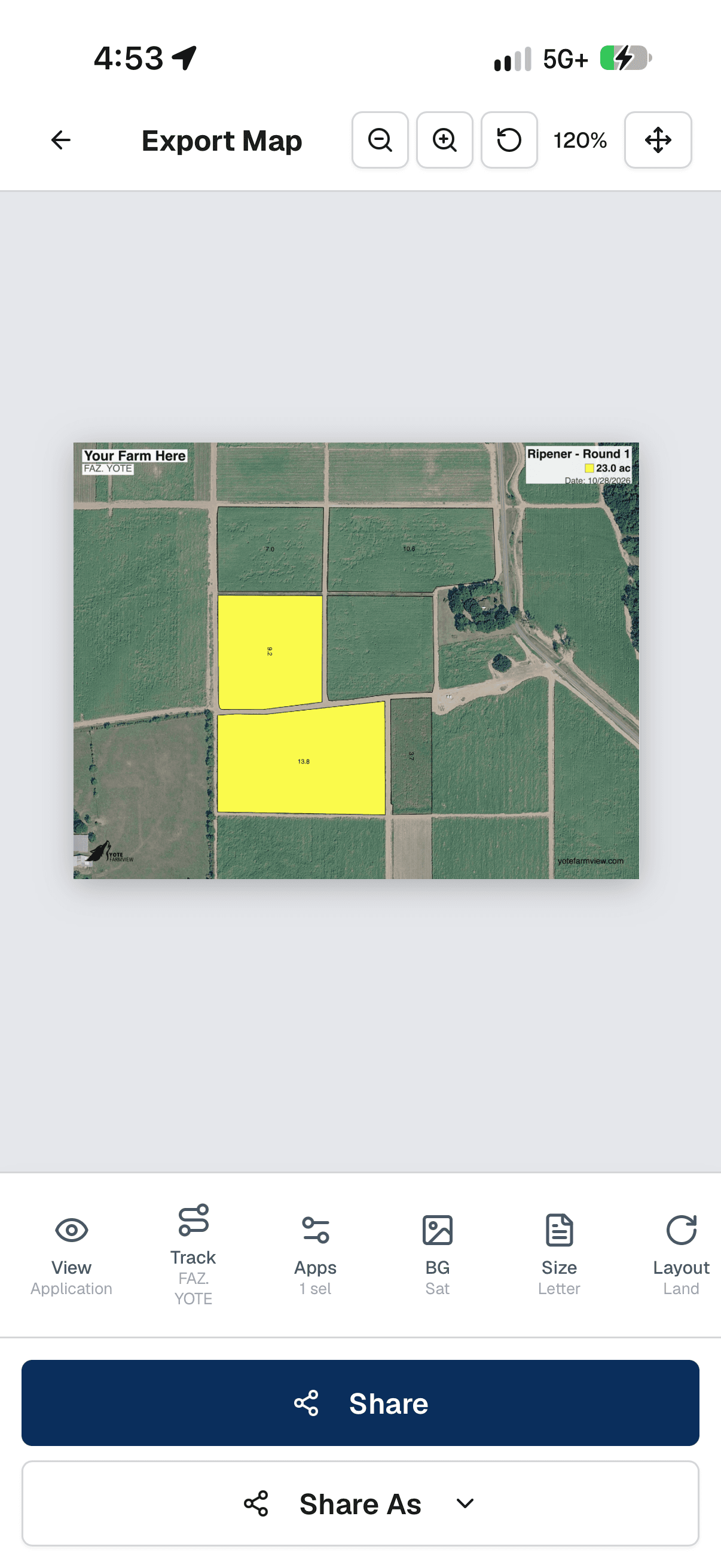 Vista previa del mapa exportado en PDF en Yote Farmview, con el botón de compartir