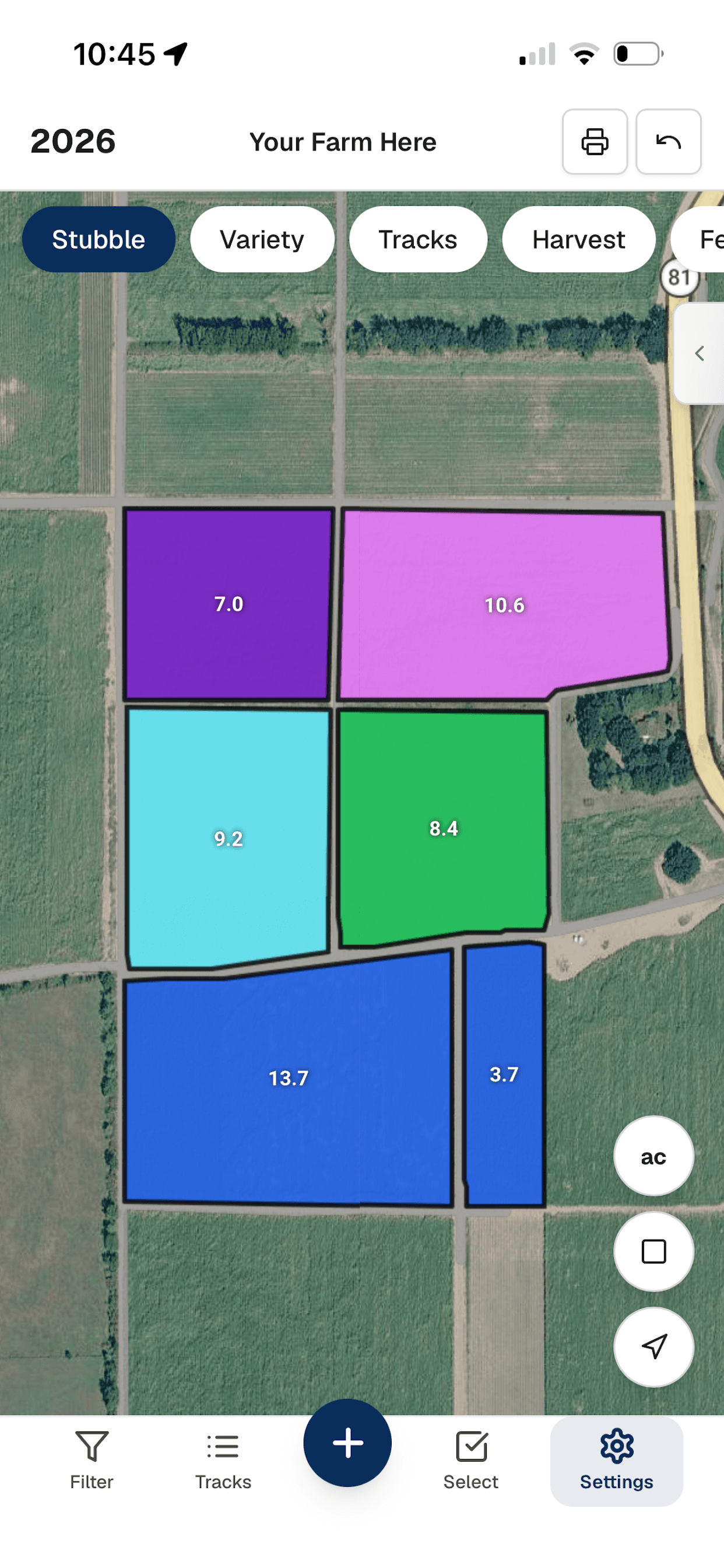Yote Farmview app showing color-coded sugarcane field map