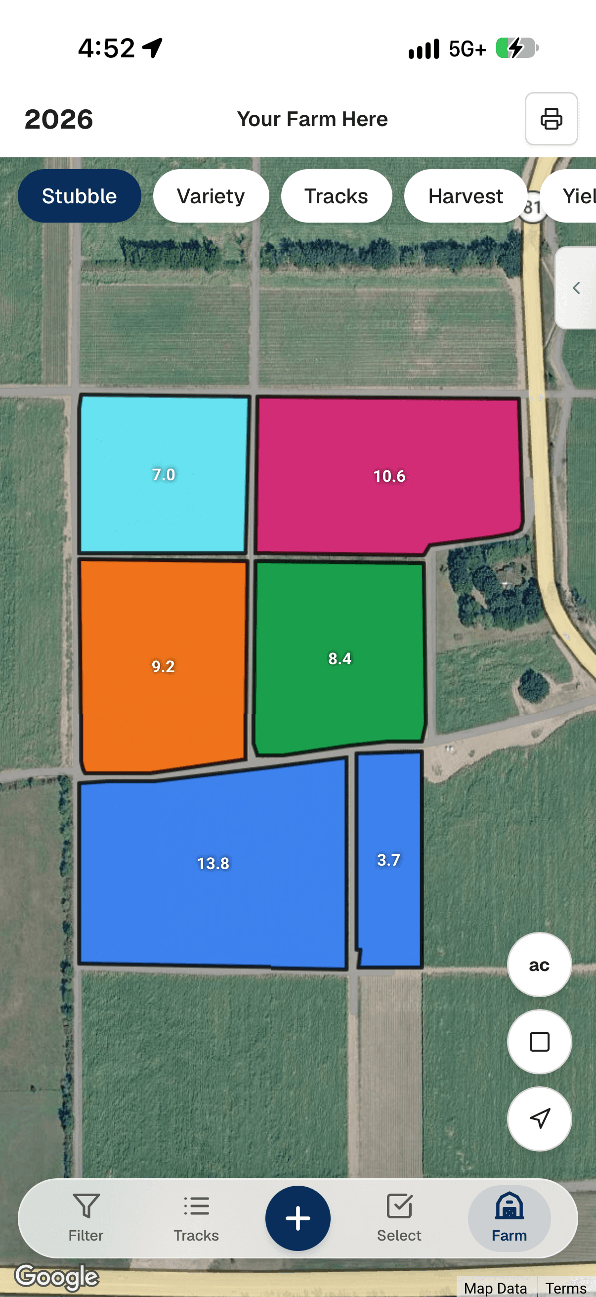 Yote Farmview app showing color-coded sugarcane field map