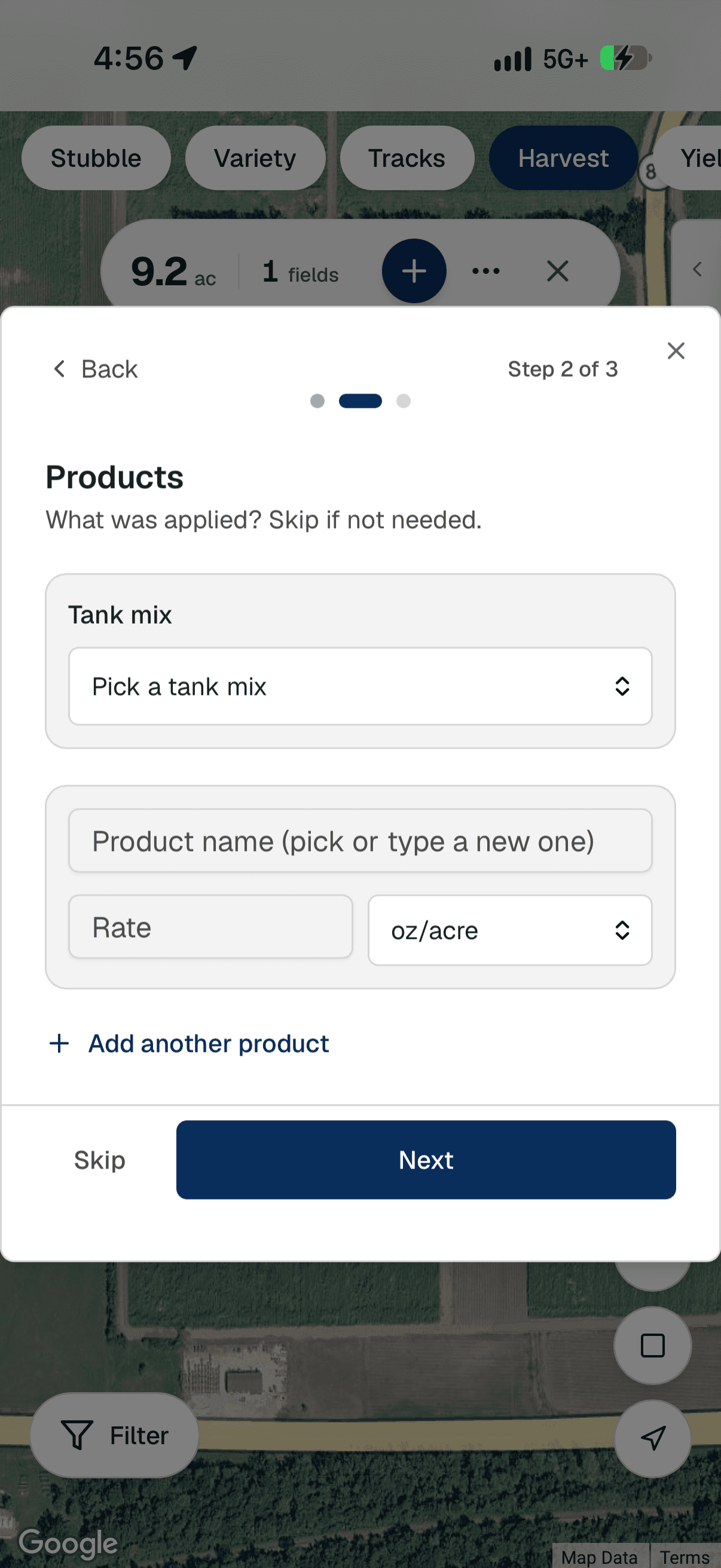 Yote Farmview application record logging — products, rate, and units