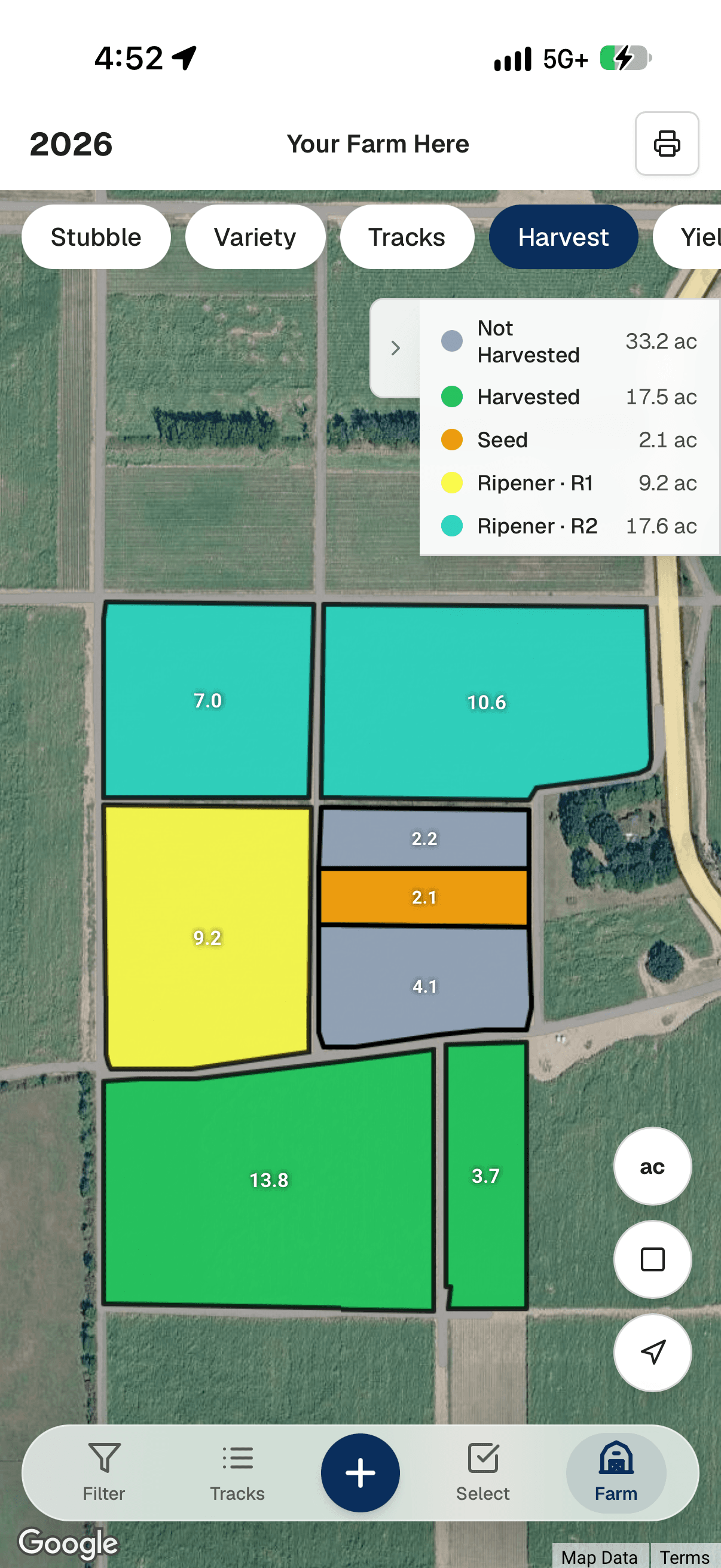 Yote Farmview ripener color-coded map with legend