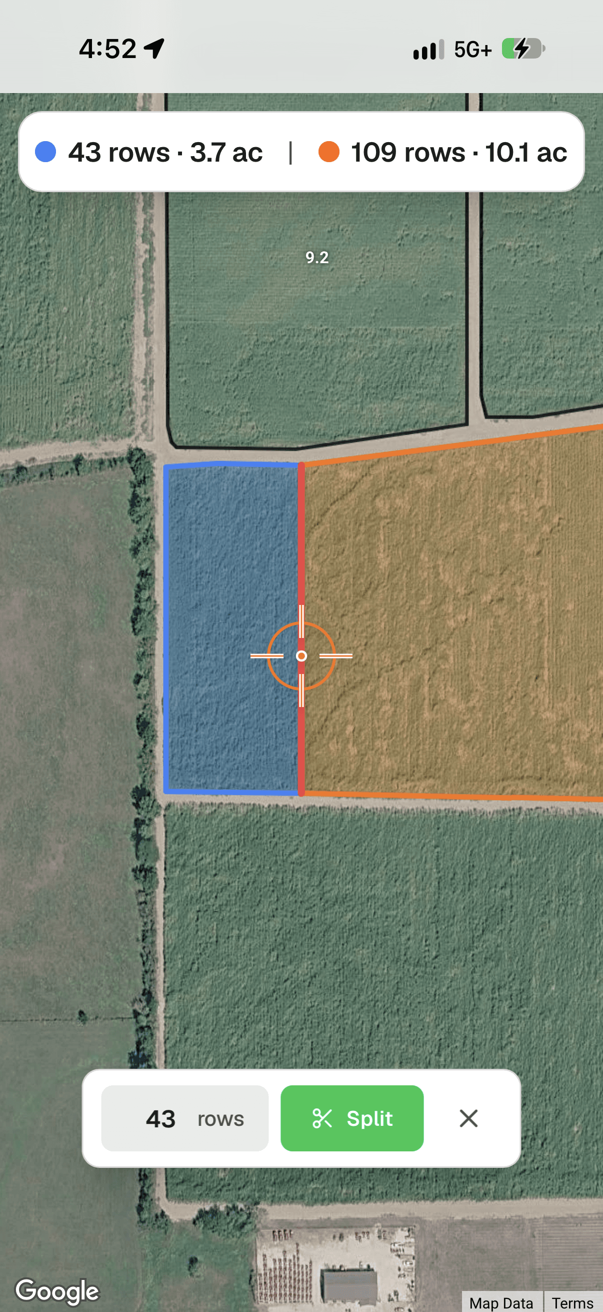 Yote Farmview splitting a field by row count with variety view active