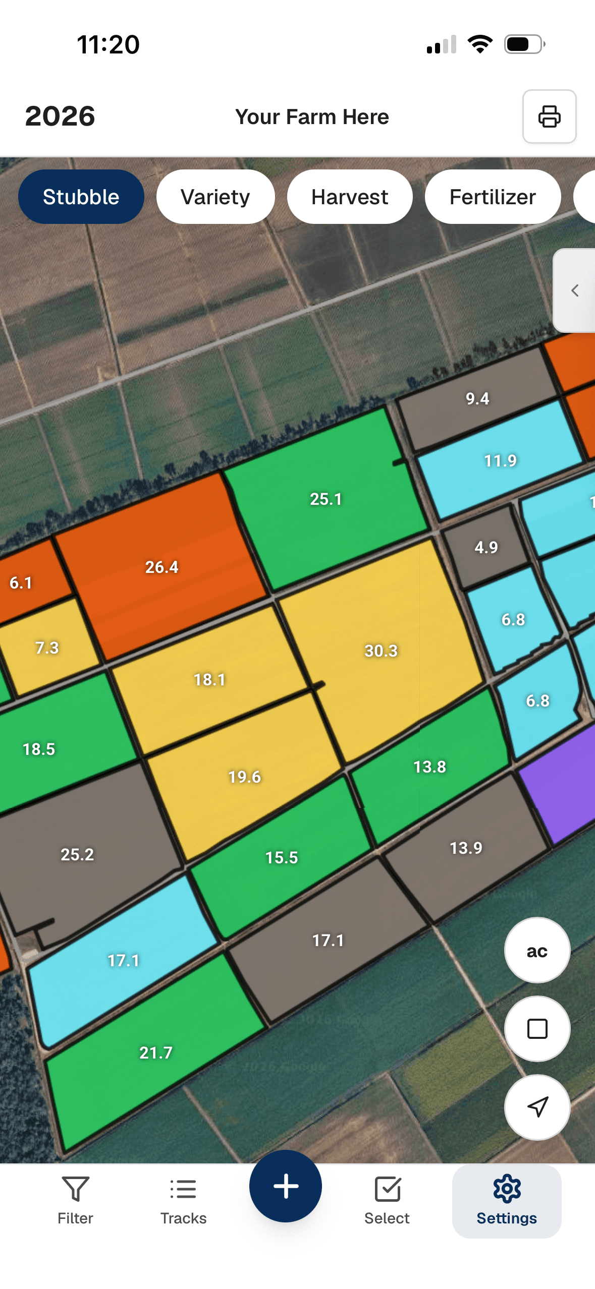 Yote Farmview showing a large sugarcane farm color-coded by stubble count