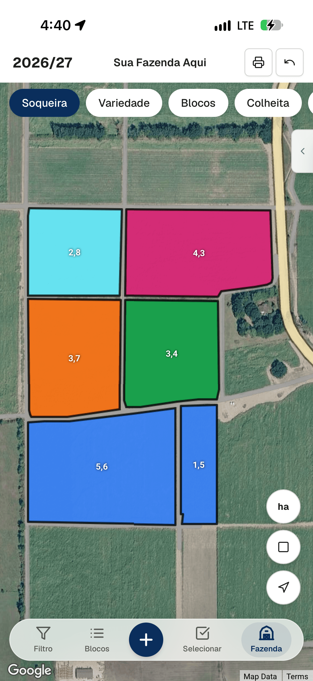 App Yote Farmview mostrando o mapa de talhões de cana por cores