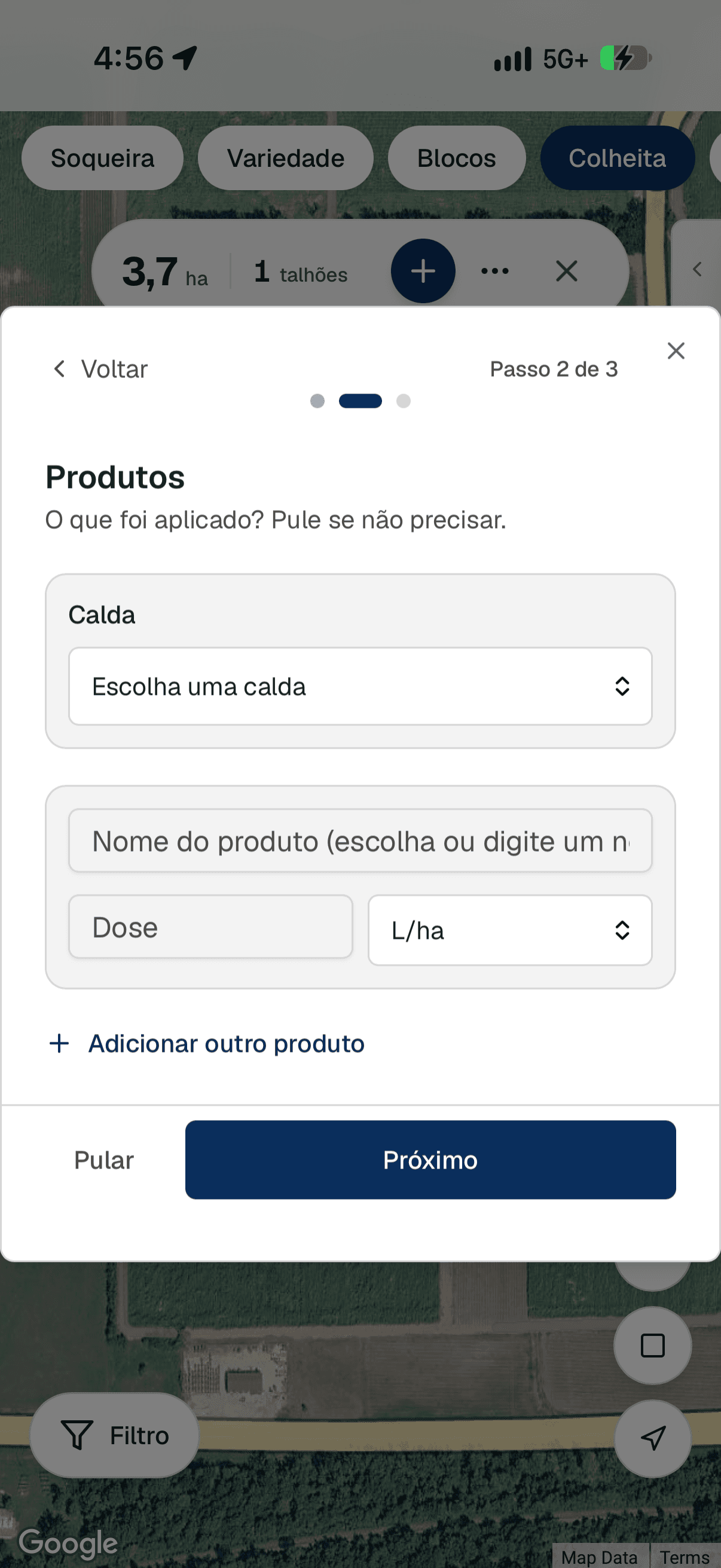 Registro de aplicação no Yote Farmview — produtos, dose e unidades