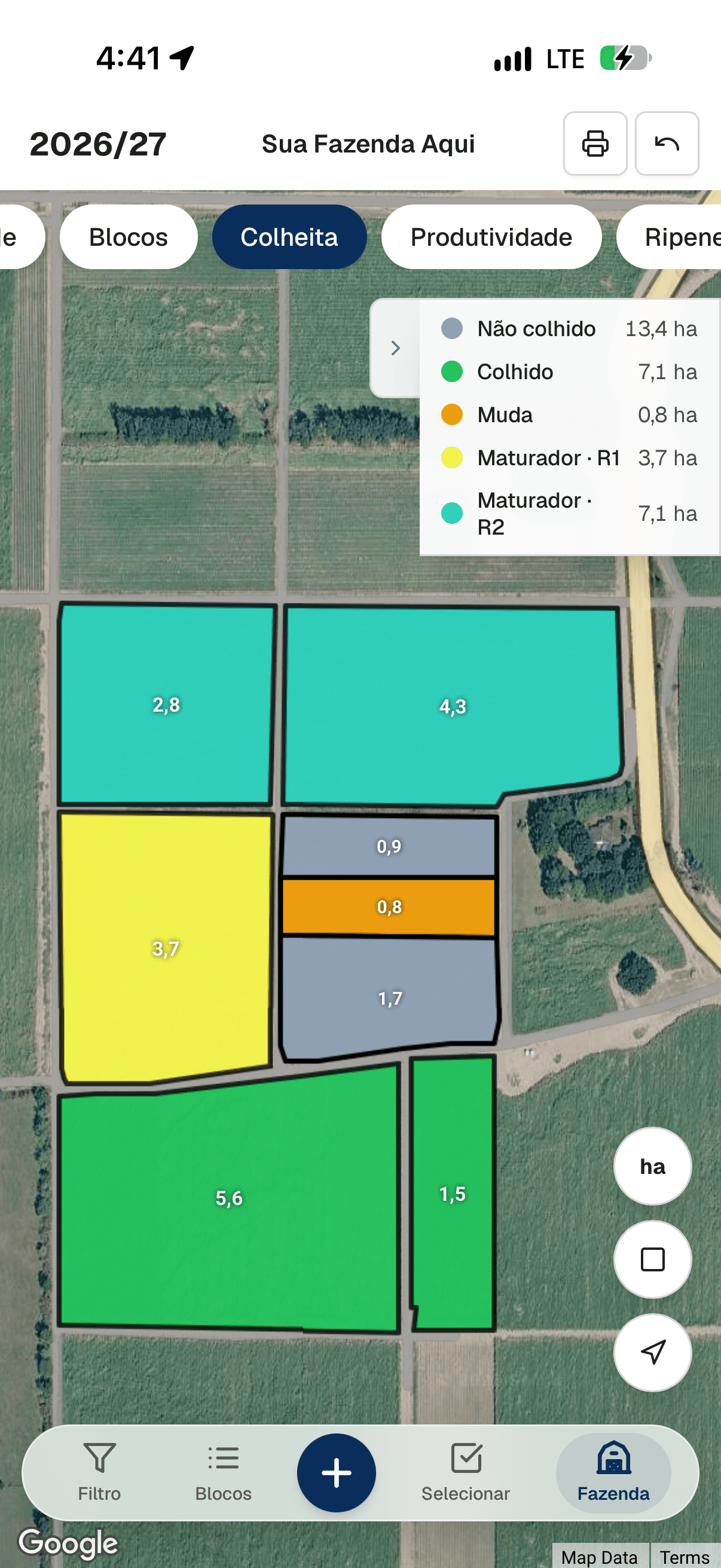 Mapa do Yote Farmview colorido por maturador, com legenda
