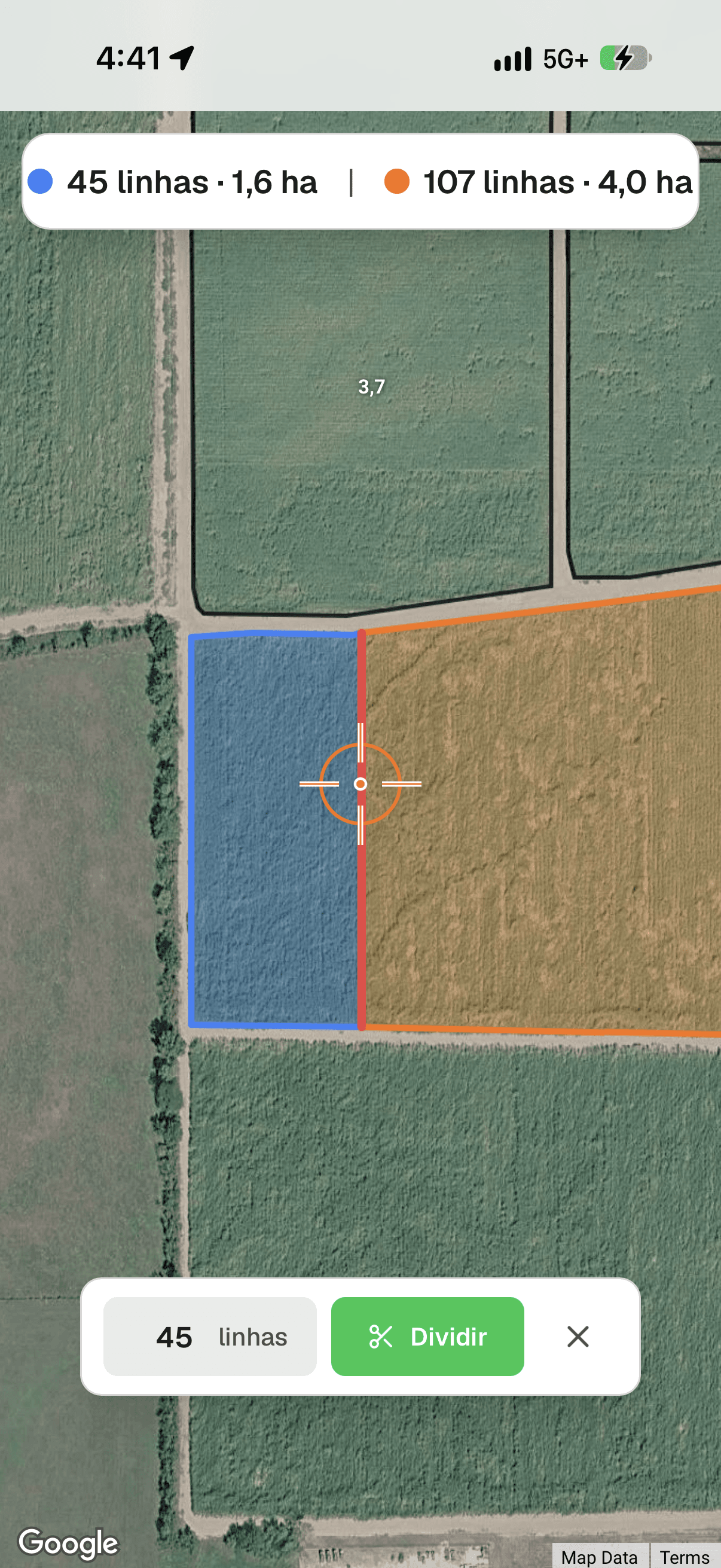 Yote Farmview dividindo um talhão pelo número de linhas, com a visualização de variedades ativa